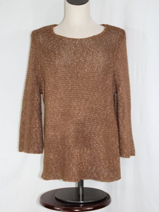 Chico's Sweaters - Chico's Round Neck 3/4 Sleeved Tan/Gold Sweater Top Beachy Size 2 L (12/14)